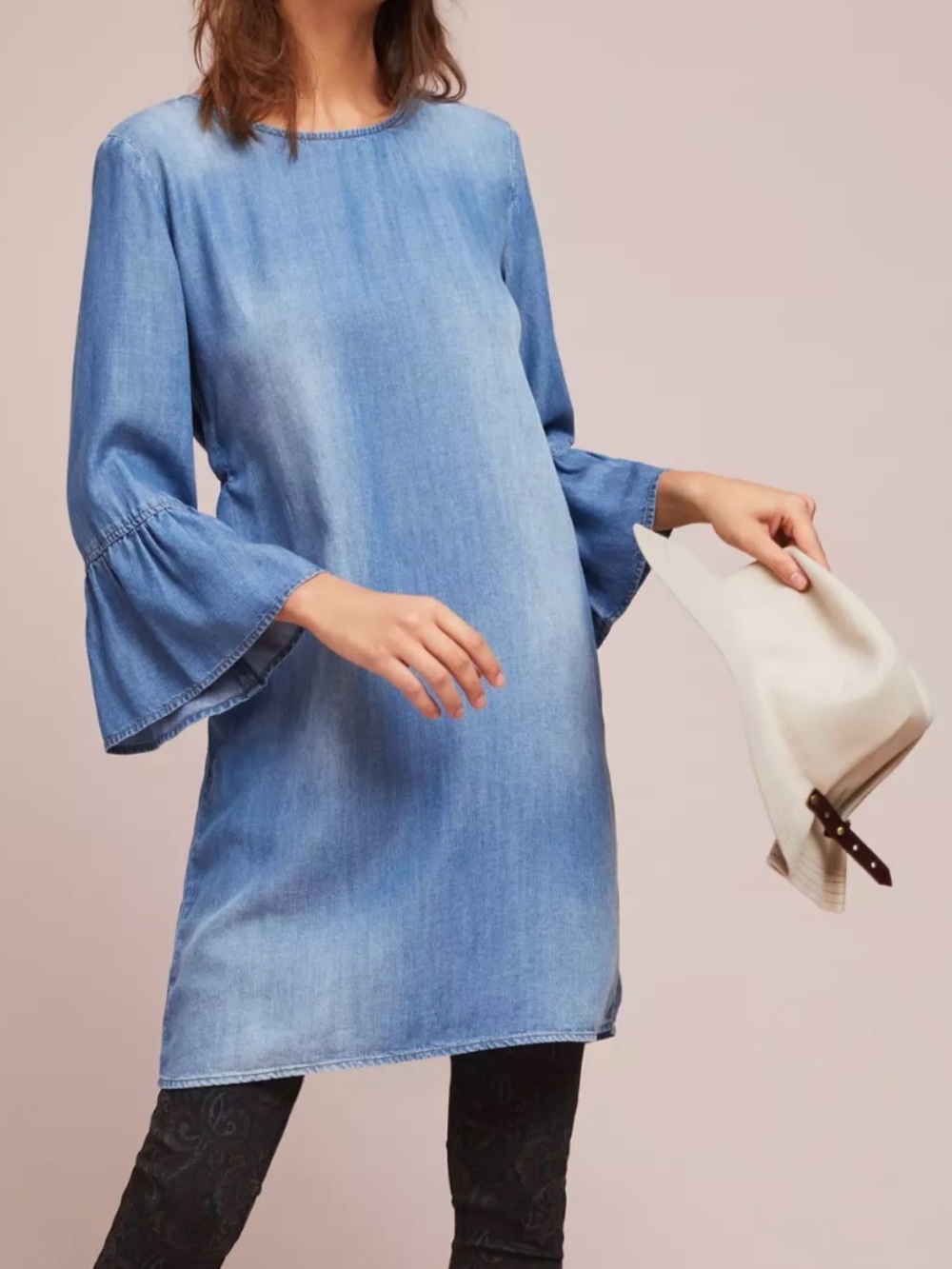 Anthropologie cloth & stone Chambray Blue Denim Dress with 3/4 Bell Sleeves - S